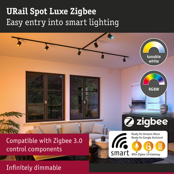 Paulmann URail Spotlight för strömskenor Smart Home Zigbee 3.0 Luxe GU10 350lm 4,8W RGBW+ dimbar 230V Svart matt