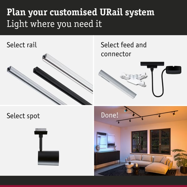 Paulmann URail Spotlight för strömskenor Smart Home Zigbee 3.0 Luxe GU10 350lm 4,8W RGBW+ dimbar 230V Svart matt