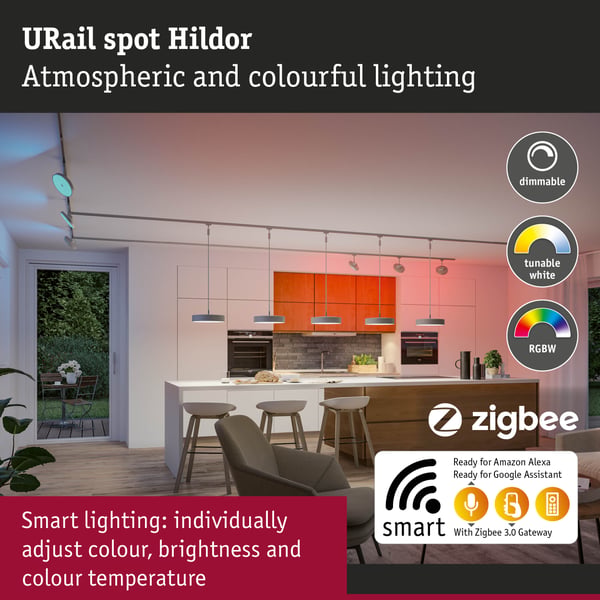 Paulmann URail Spotlight för strömskenor Smart Home Zigbee 3.0 Hildor RGBW 500lm 7,5W RGBW+ dimbar 230V Krom matt