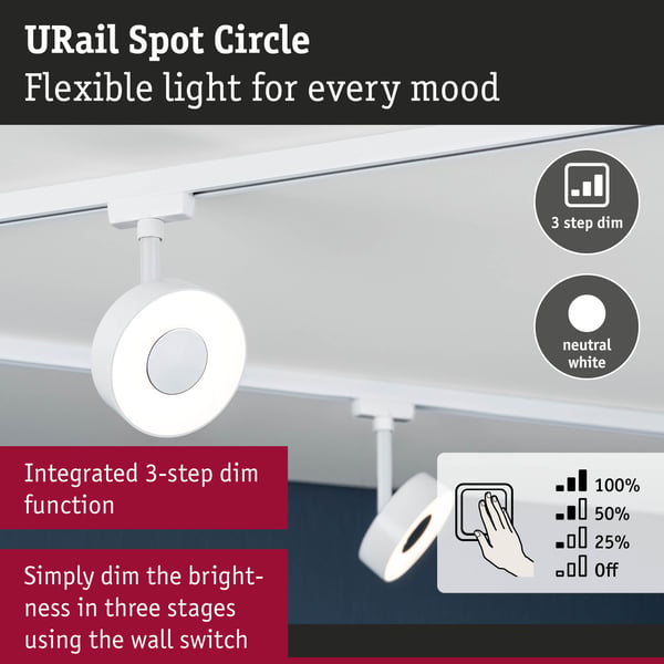 Paulmann URail Spotlight för strömskenor 3-Step-Dim Circle 220lm 5W 4000K dimbar 230V Signal vit