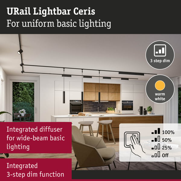 Paulmann URail Ljusramp 3-Step-Dim Ceris 800lm 9,5W 3000K dimbar 230V Svart matt