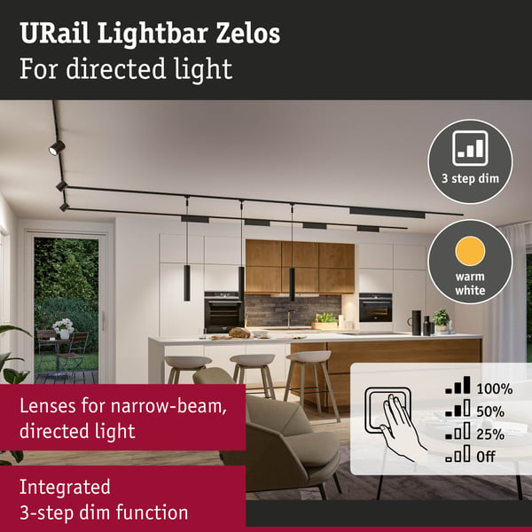 Paulmann URail Ljusramp 3-Step-Dim Zelos 1050lm 10W 3000K dimbar 230V Svart matt