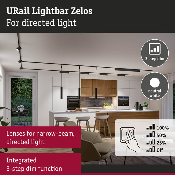 Paulmann URail Ljusramp 3-Step-Dim Zelos 1100lm 10W 4000K dimbar 230V Svart matt