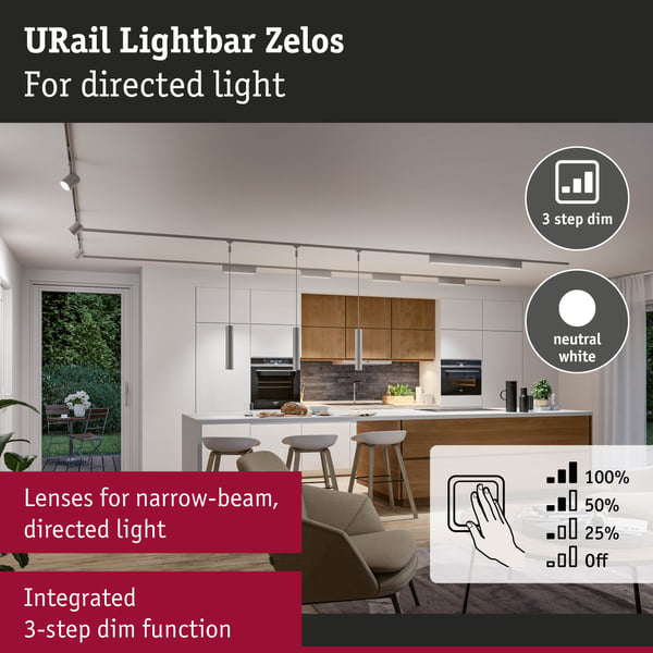 Paulmann URail Ljusramp 3-Step-Dim Zelos 1100lm 10W 4000K dimbar 230V Krom matt