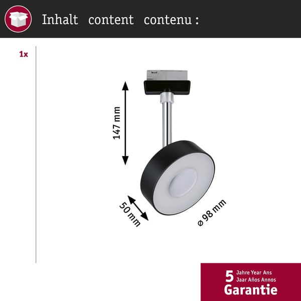 Paulmann URail Spotlight för strömskenor Circle 200lm 5W White Switch 230V Svart matt