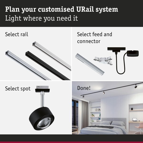 Paulmann URail Spotlight för strömskenor Aldan 500lm 8W White Switch 230V Svart matt