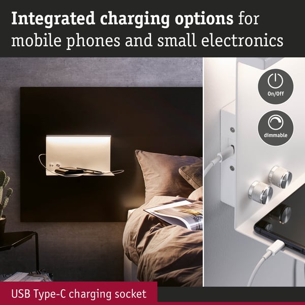 Paulmann LED vägglampa Jarina USB C 3000K 400lm / 160lm 230V 4,5W / 1,6W dimbar Vit matt