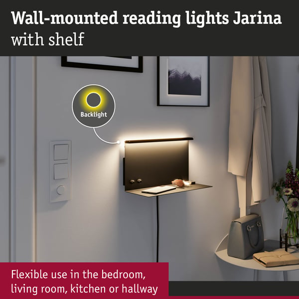 Paulmann LED vägglampa Jarina USB C 3000K 400lm / 160lm 230V 4,5W / 1,6W dimbar Svart matt