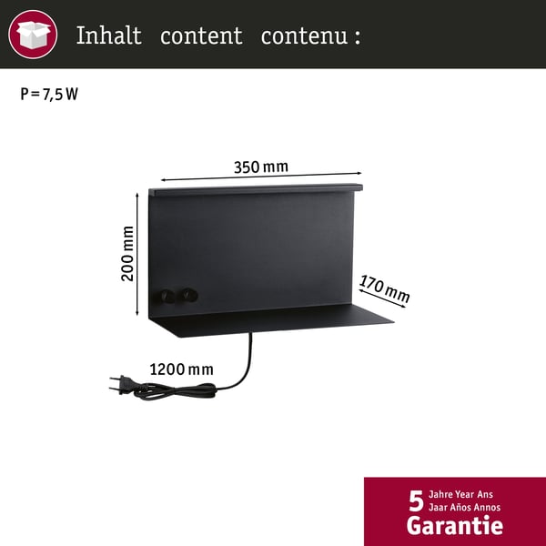 Paulmann LED vägglampa Jarina USB C 3000K 400lm / 160lm 230V 4,5W / 1,6W dimbar Svart matt
