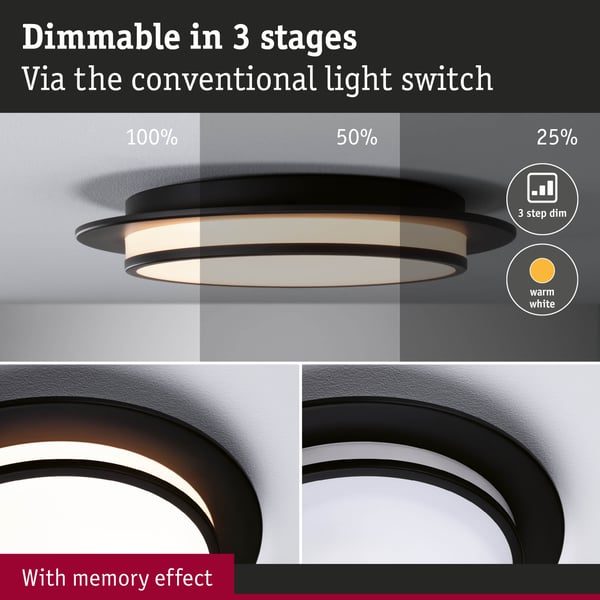 Paulmann LED taklampa 3-Step-Dim Egron 2700K 750lm 230V 16W dimbar Svart matt