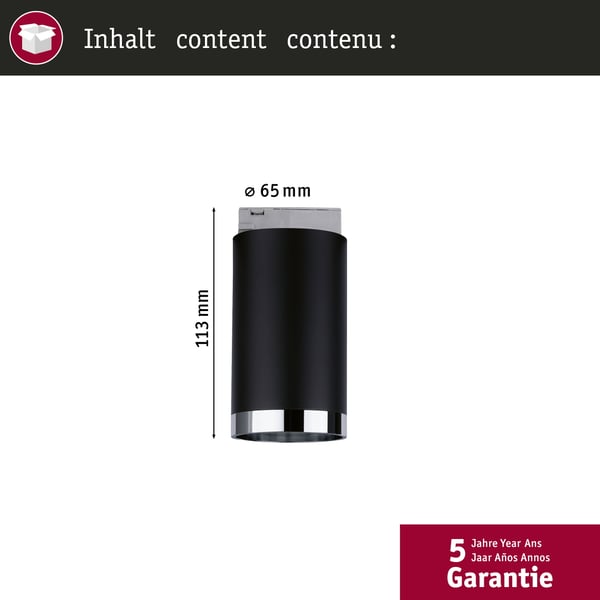 Paulmann URail Spotlight för strömskenor Tube GU10 max. 10W dimbar 230V Svart matt, Krom