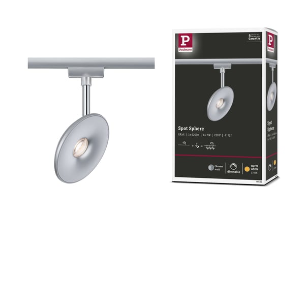 Paulmann URail Spotlight för strömskenor Sphere 493lm 7W 2700K dimbar 230V Krom matt, Krom