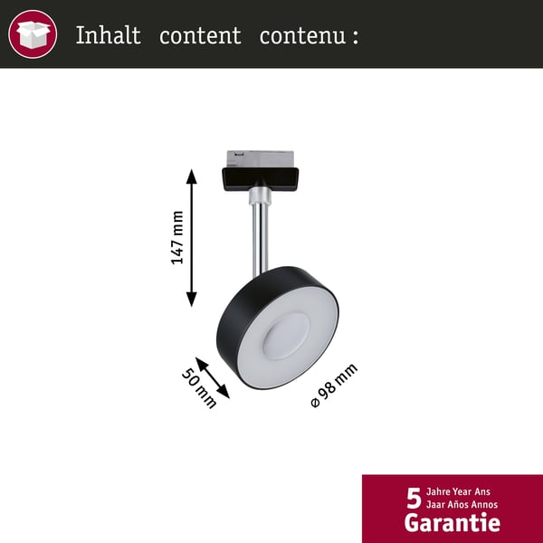 Paulmann URail Spotlight för strömskenor Circle 270lm 5W 4000K dimbar 230V Svart matt, Krom