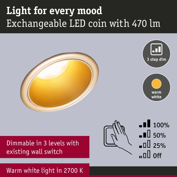 Paulmann Infälld LED lampa 3-Step-Dim Cole Coin IP44 rund 88 mm Coin 6W 470lm 230V dimbar 2700K Guld matt