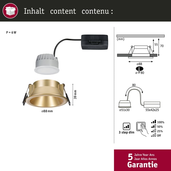 Paulmann Infälld LED lampa 3-Step-Dim Cole Coin IP44 rund 88 mm Coin 6W 470lm 230V dimbar 2700K Guld matt