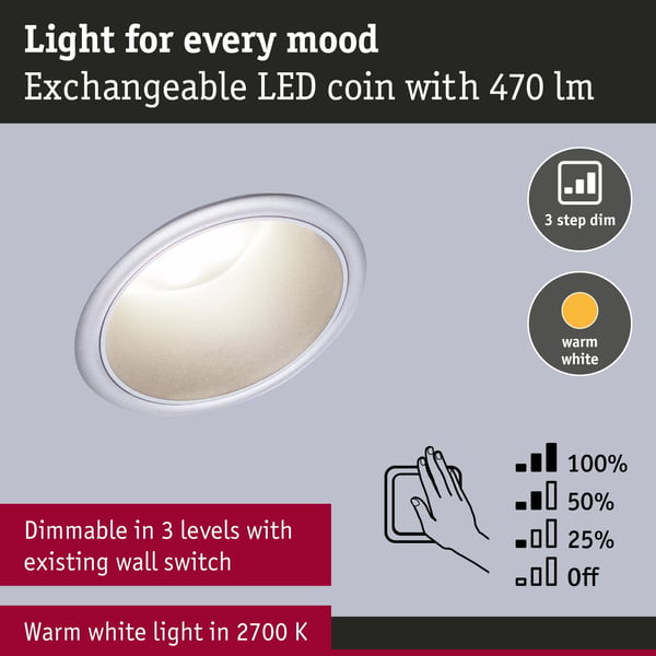 Paulmann Infälld LED lampa 3-Step-Dim Cole Coin IP44 rund 88 mm Coin 6x6W 6x470lm 230V dimbar 2700K Silver matt