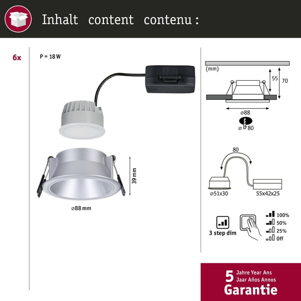 Paulmann Infälld LED lampa 3-Step-Dim Cole Coin IP44 rund 88 mm Coin 6x6W 6x470lm 230V dimbar 2700K Silver matt