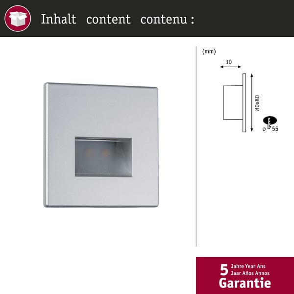 Paulmann LED infälld vägglampa B-vara Edge Quadro vinkelformad 80x80 mm 1,2W 50lm 230V 2700K Krom matt