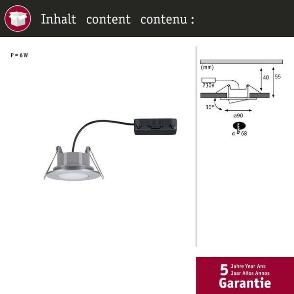 Paulmann Infälld LED lampa Calla IP65 rund 90 mm 30° 6W 530lm 230V 4000K Krom matt