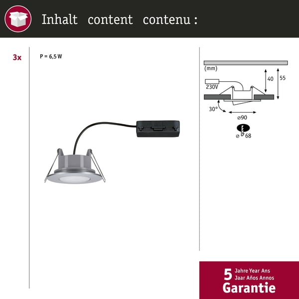 Paulmann Infälld LED lampa Calla IP65 rund 90 mm 30° 3x6W 3x530lm 230V 4000K Krom matt