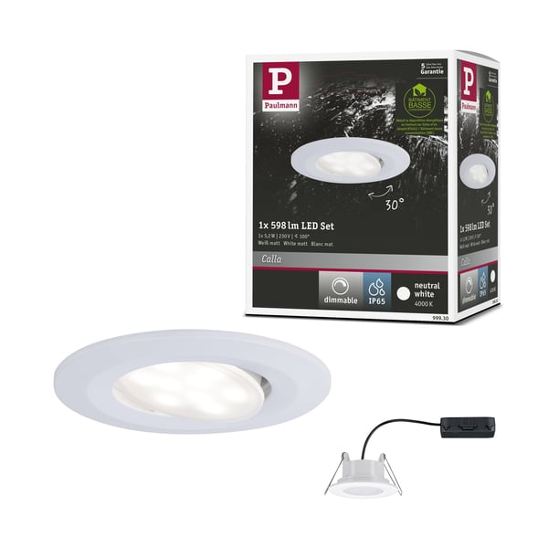 Paulmann Infälld LED lampa Calla IP65 rund 90 mm 30° 5,2W 460lm 230V dimbar 4000K Vit matt