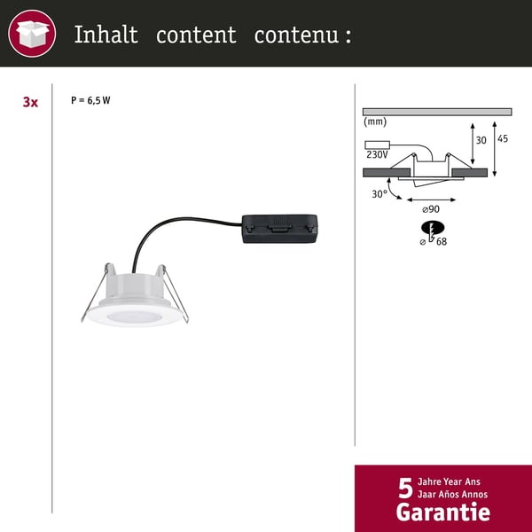 Paulmann Infälld LED lampa Calla IP65 rund 90 mm 30° 3x5,2W 3x460lm 230V dimbar 4000K Vit matt