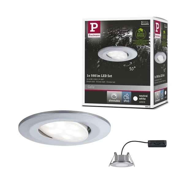 Paulmann Infälld LED lampa Calla IP65 rund 90 mm 30° 5,2W 460lm 230V dimbar 4000K Krom matt
