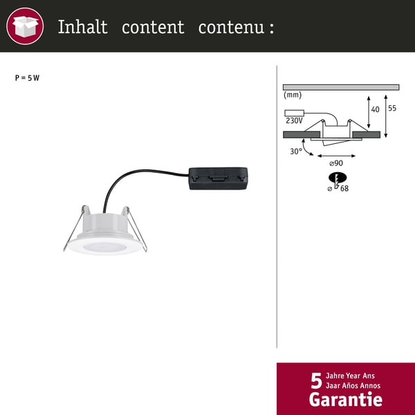 Paulmann Infälld LED lampa Calla IP65 rund 90 mm 30° 5W 400lm 230V White Switch Vit matt