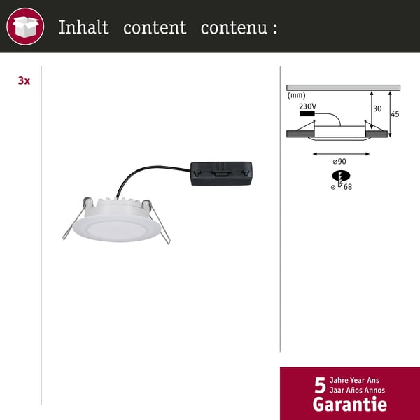 Paulmann Premium Infälld LED lampa Suon IP44 rund 90 mm 3x5W 3x450lm 230V dimbar 2700K Satin, Vit