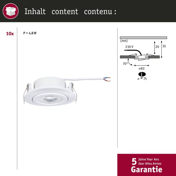 Paulmann Infälld LED lampa 3-Step-Dim rund 82 mm 70° 10x4,8W 10x450lm 230V dimbar 3000K Vit