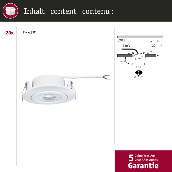 Paulmann Infälld LED lampa rund 82 mm 70° 20x4,8W 20x450lm 230V 3000K Vit