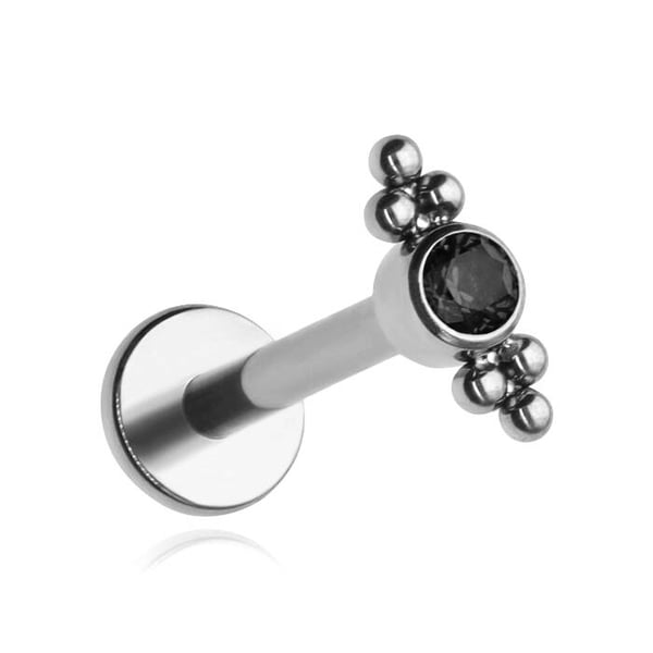Titanium labret ørering med sort zirkon og kugler - sølv 1.2/6 Titanium labret ørering med sort zirkon og kugler - sølv 1.2/6