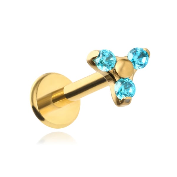 Titan guld labret med tre blå zirkoner 1,2/6/4 Titan guld labret med tre blå zirkoner 1,2/6/4