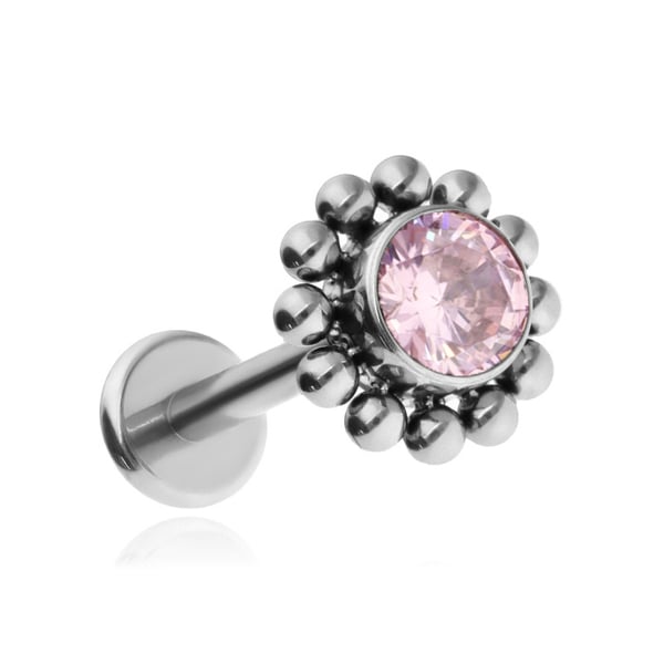 Titanium labret ørering med pink zirkon - sølv 1.2/6