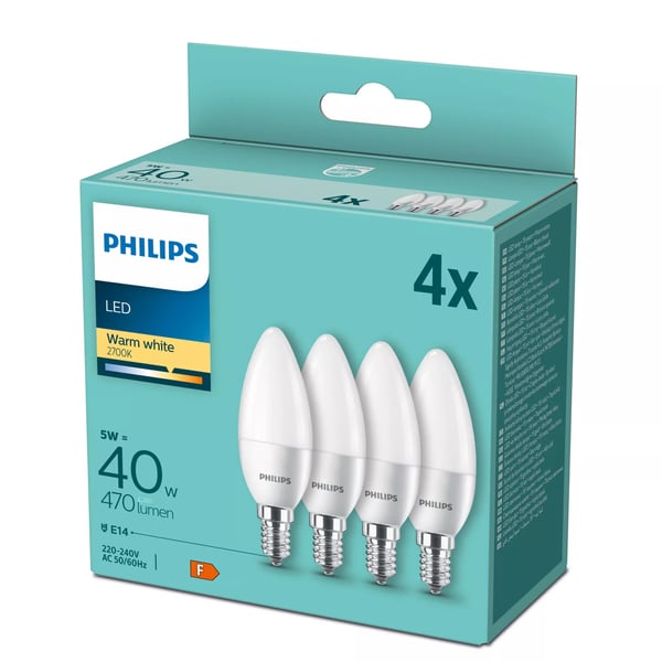 Philips - LED-lyspære - form: B35 - mattslipt finish - E14 - 5 W (ekvivalent 40 W) - klasse F - varmt hvitt lys - 2700 K (en pakke 4)