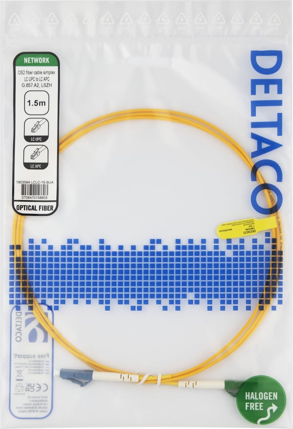 DELTACO - Nettverkskabel - LC/UPC-enkeltmodus (hann) til LC/APC-enkeltmodus (hann) - 1.5 m - 1.5 m - fiberoptisk - simpleks - G.657.A2/OS2 - haloge...