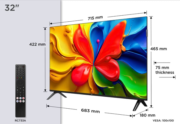 TCL 32V4C, 81,3 cm (32"), 1366 x 768 pikseliä, QLED, Älytelevisio, Wi-Fi, Musta