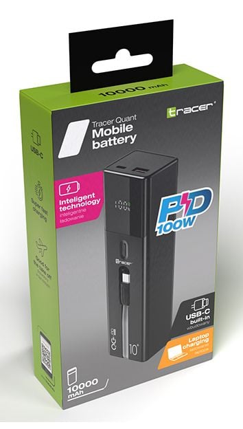 Tracer Quant, 10000 mAh, Litiumioni (Li-Ion), Power Delivery, Quick Charge 3.0, 100 W, musta