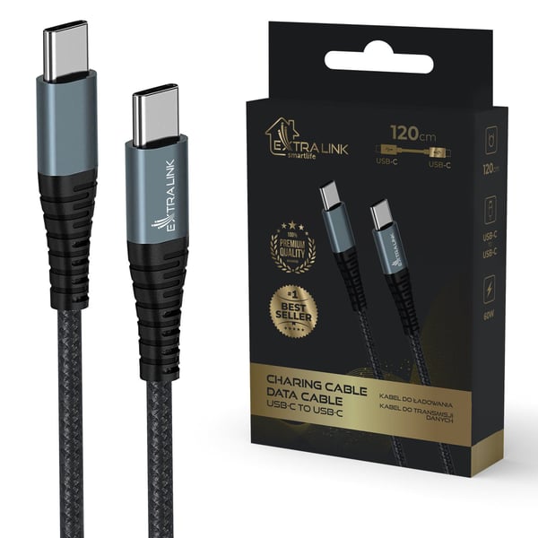 Kabel USB ExtraLink Extralink Smart Life 60W, USB-C - USB-C 120cm, PVC, 5V 2,4A/3A, szary