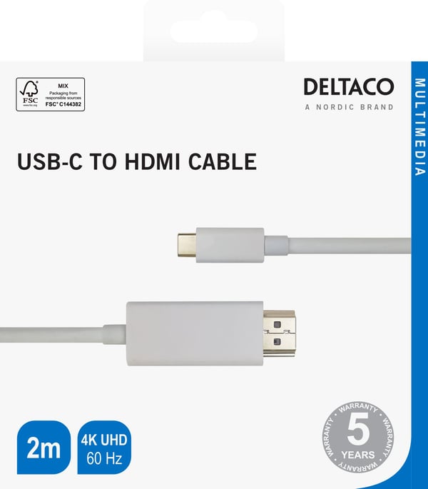 DELTACO - Adapterkabel - USB-C hane till HDMI hane - 2 m - vit - 4K60Hz (3840 x 2160) stöd