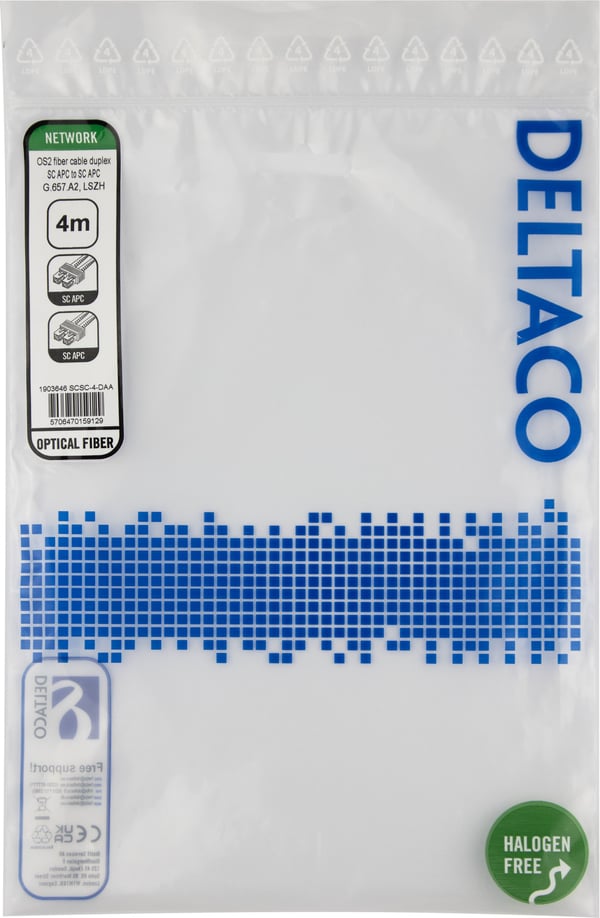 DELTACO - Nettverkskabel - SC/APC-enkeltmodus (hann) til SC/APC-enkeltmodus (hann) - 4 m - 4 m - fiberoptisk - dupleks - 9 / 125 micron - OS2 - hal...
