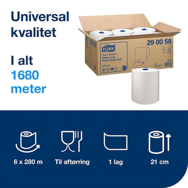 Håndklæderuller Tork H1 Matic® Universal 1-lag 280m hvid - (6 ruller pr. karton)