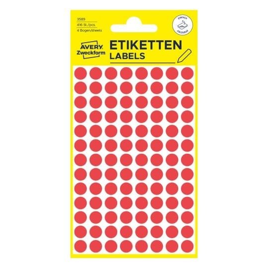Etiketter Avery Ø8mm rød, aftagelige farvekodingsdots - (4 ark x 104 stk.)