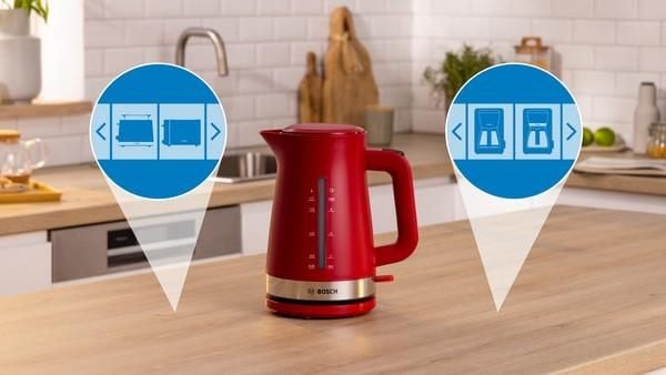 Bosch TWK4M224, 1,7 l, 2400 W, Rød, Rustfritt stål, Vannivåindikator, Overopphetingsbeskyttelse