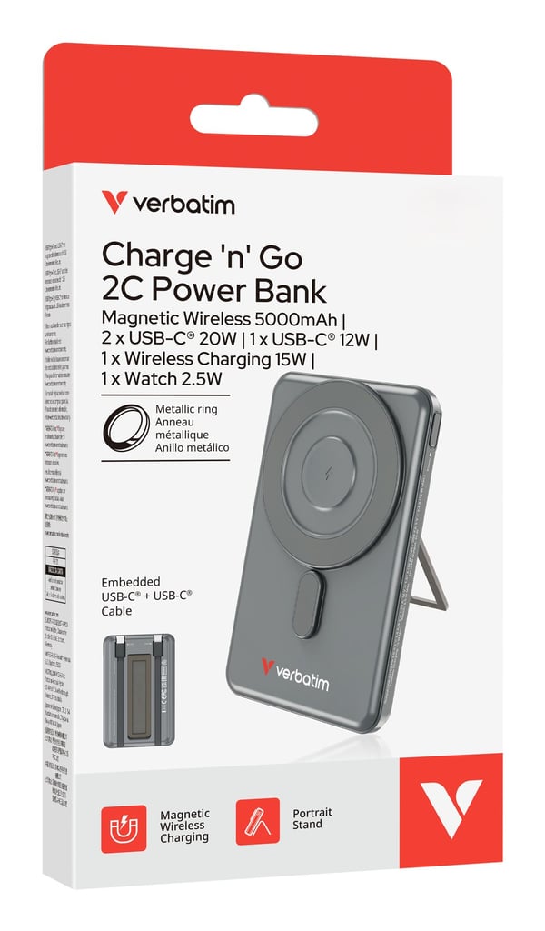 Verbatim Charge 'n' Go - Trådlös powerbank - magnetisk, med stativ - 5000 mAh - 20 Watt - 2.4 A - PD 3.0, QC 3.0, Apple 2.4A, USB BC 1.2, AFC - 3 u...