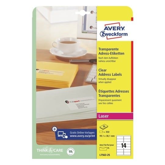 Etiketter Avery 99,1x38,1 mm transparent - (25 ark x 14 stk.)