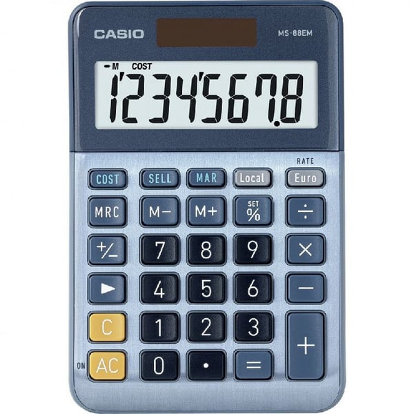 Casio MS-88EM, Työpöytä, Näyttölaskin, 8 lukua, Akku/Aurinko, Sininen