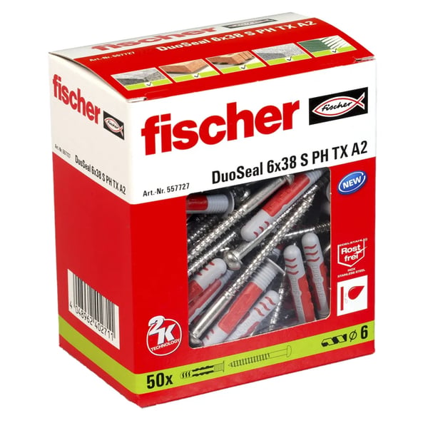Fischer DuoSeal, Veggplugg, Nylon, Grå, Rød, 3,8 cm, 6 mm, 50 stykker