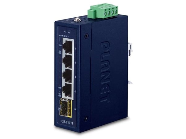 PLANET IGS-510TF - Switch - ikke-styrt - 4 x 10/100/1000 + 1 x 1000Base-X SFP - DIN-skinnemonterbar, veggmonterbar - AC 24 V / DC 9 - 48 V