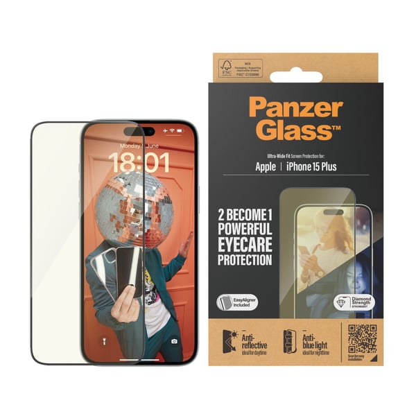 PanzerGlass - Skjermbeskyttelse for mobiltelefon - ultravid passform med EasyAligner - glass - rammefarge svart - for Apple iPhone 15 Plus